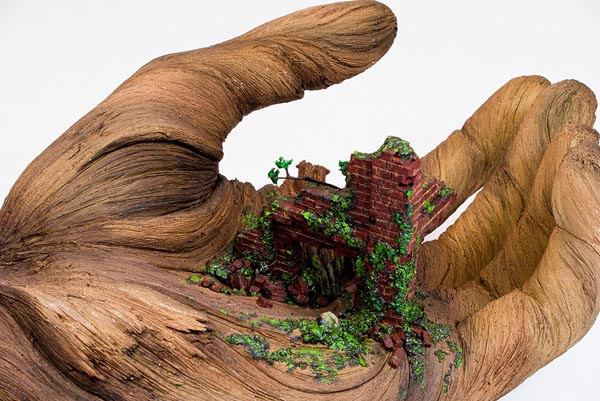 Cycle of Decay - ceramic hand sculpture looks like a tree branch