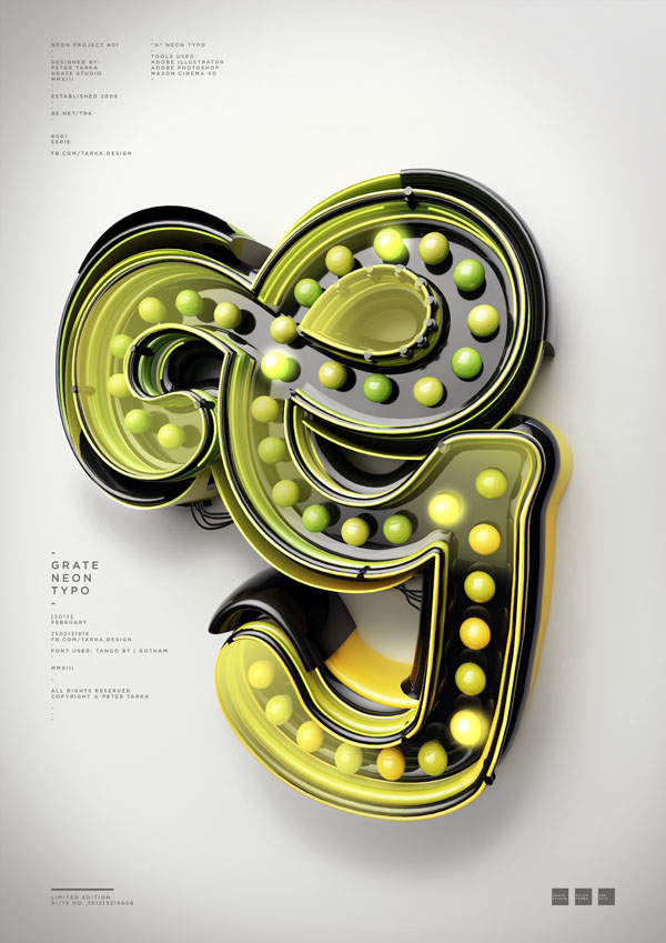Typograhic Artwork with 3D Neon Sign Letter by Peter Tarka