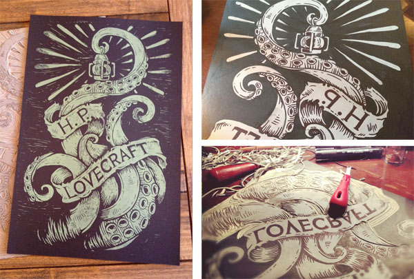 hand carved and hand printed block print by Derrick Castle based on the Lovecraft creature Cthulhu hand carved and hand printed block print by Derrick Castle based on the Lovecraft creature Cthulhu