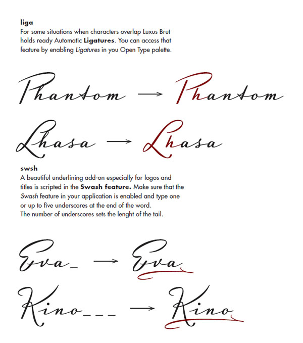 Luxus Brut - Open Type Features  - Ligatures and Swash Feature