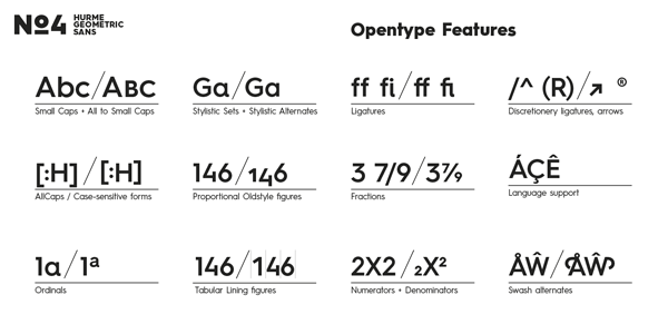 The type family is equipped with a set of useful OpenType features.
