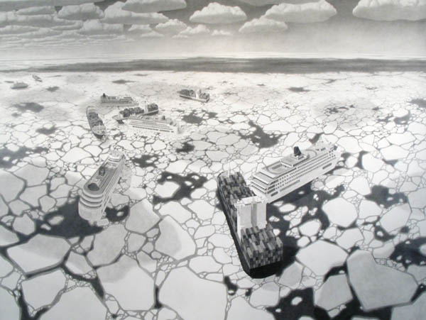 Battle at Sea, graphite on paper drawing by Michael Schall