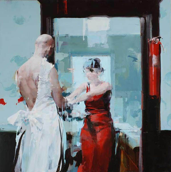 Couple with Fire Extinguisher - oil on board by Alex Kanevsky