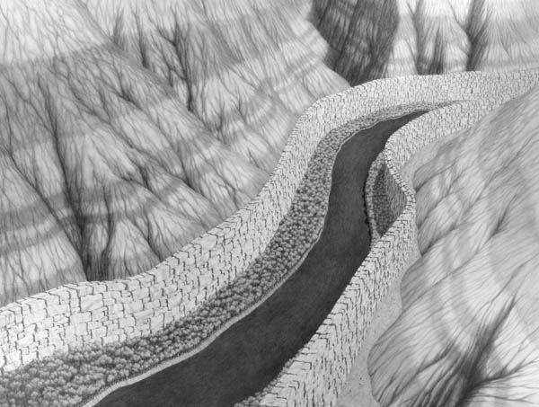 High Security River Valley, graphite on paper drawing by Michael Schall