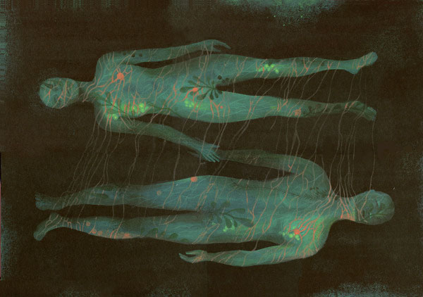 Voyagers meet up for a short moment - Acrylic on board by Alice Wellinger