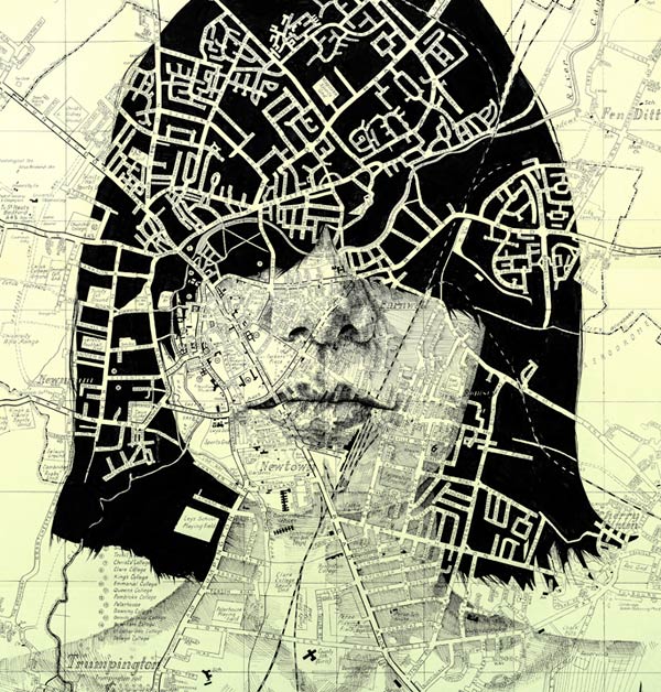 Ink on a vintage street map of Cambridge