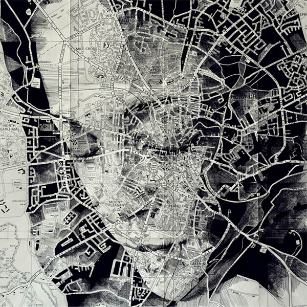 Ink on an original map of Norwich