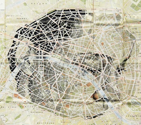 Ink on an original street map of Paris