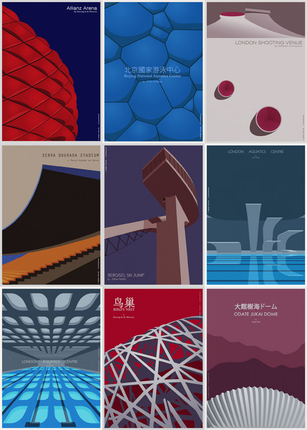 Architectural Poster Illustrations of Sports Buildings by André Chiote Architectural Poster Illustrations of Sports Buildings by André Chiote