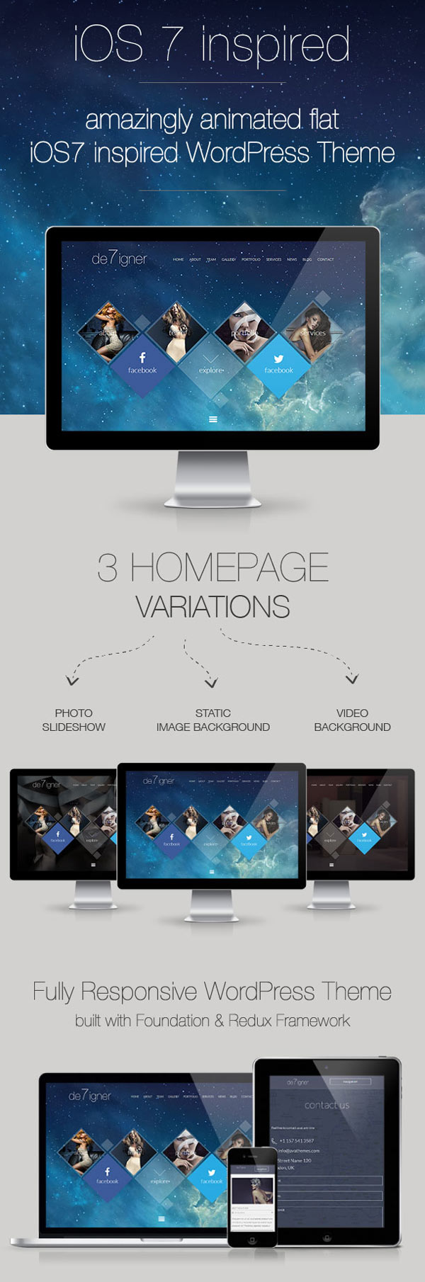 De7igner - Flat iOS7 Inspired OnePage Parallax WordPress Theme