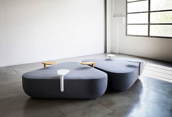 REFILL - seating system with storage tryas and wireless charger by Filippo Protasoni