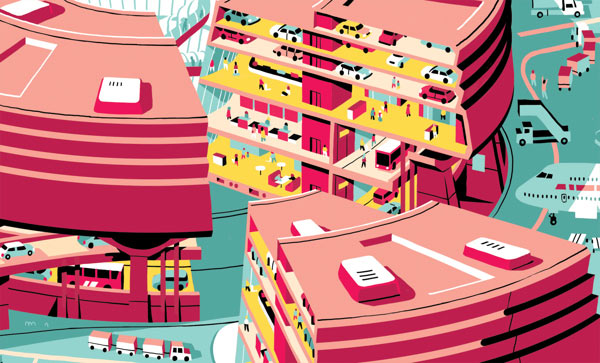 Detail view of the illustration by Vincent Mahé for the 40 years of Charles de Gaulle Airport anniversary
