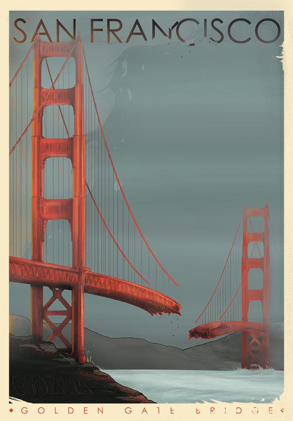 Unofficial alternative Godzilla movie poster illustration by Berkay Daglar in the style of classic American travel posters