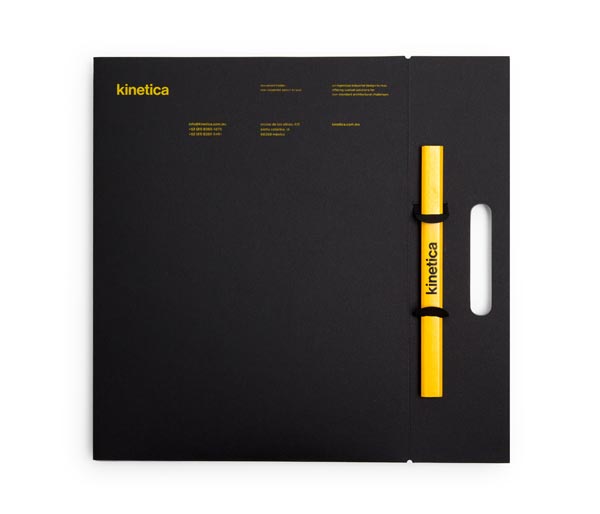 The black company folder is based on a clean grid layout and subtle Swiss typography.