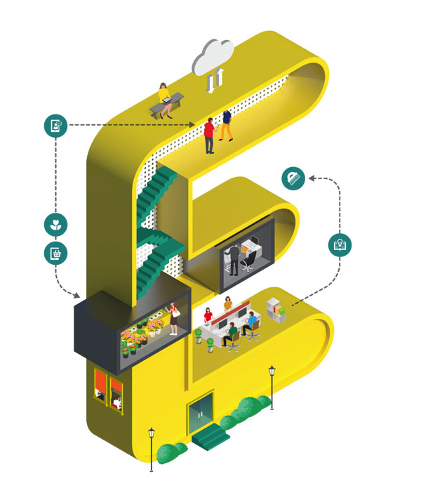 E - Lovely illustrated letter in the style of a building with tiny details and characters. E - Lovely illustrated letter in the style of a building with tiny details and characters.
