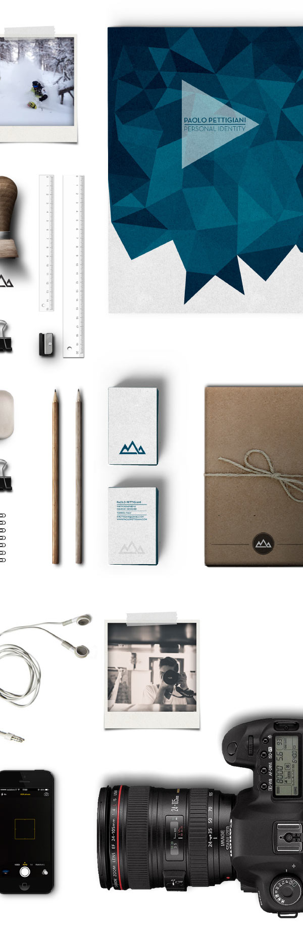 Personal identity of Paolo Pettigiani, a graphic design student , photographer, and snowboard instructor from Turin, Italy.