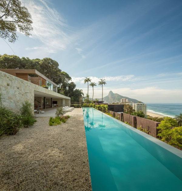 The long pool is facing the beach and the city of Rio de Janeiro.