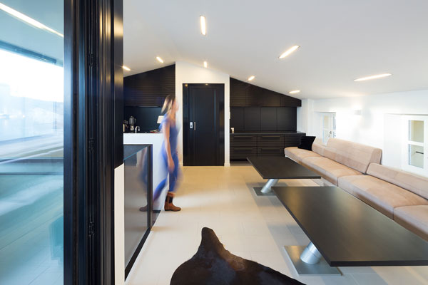 View inside the upper level of Apartment D2 in Saint-Tropez, France.