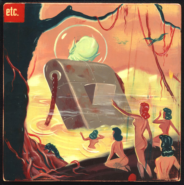 Etc - acrylic illustration and mixed media on board - Vintage illustrations by Ryan Heshka.