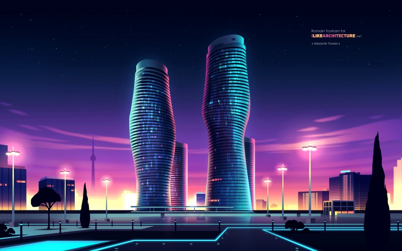 The Absolute World Towers, a residential condominium twin tower skyscraper complex located in the five tower Absolute City Centre development in Mississauga, Ontario, Canada.