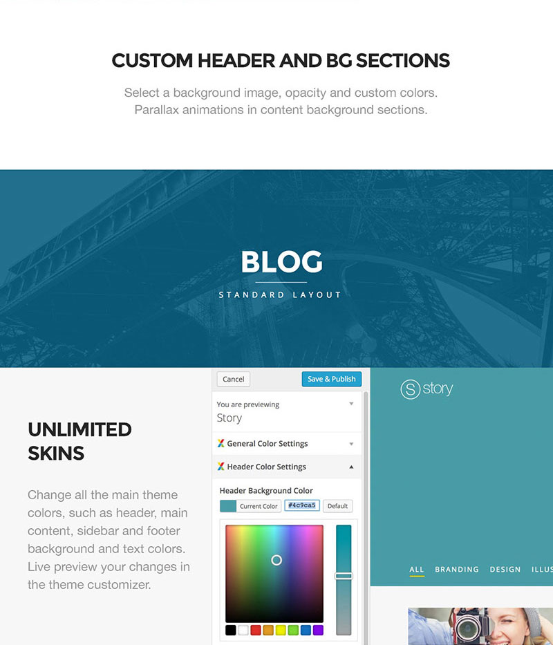 Custom header and background sections.