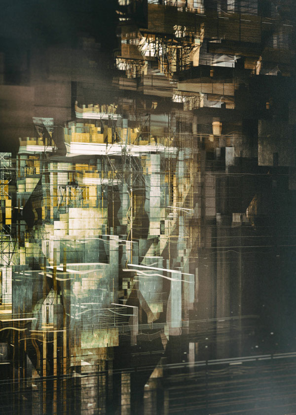 An abstract composition of architectural and geometric shapes.