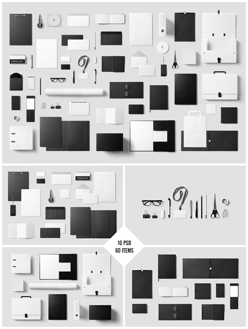 A corporate stationery mock-up set that consists of 10 PSD files including 60 items.