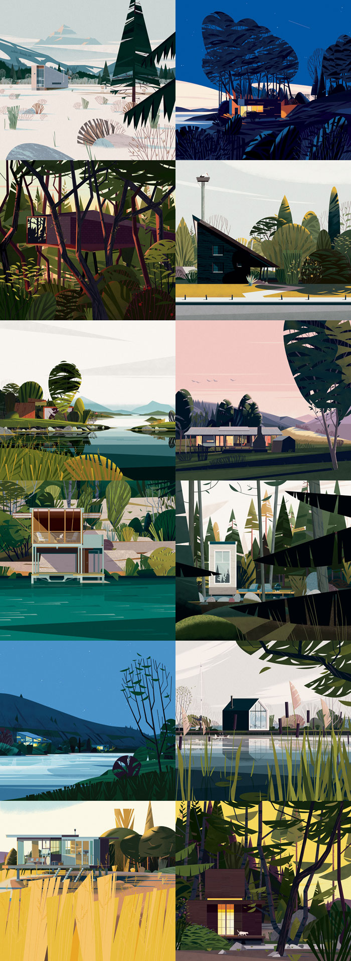 CABINS BOOK, a series of colorful architectural illustrations by CRUSCHIFORM.