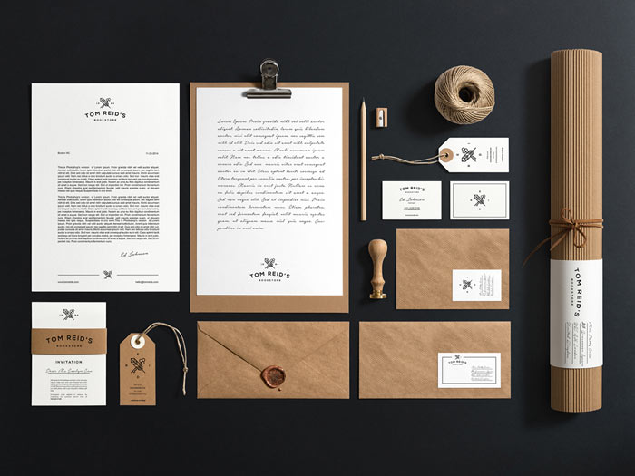 Tom Reid's Bookstore corporate identity and stationery set.