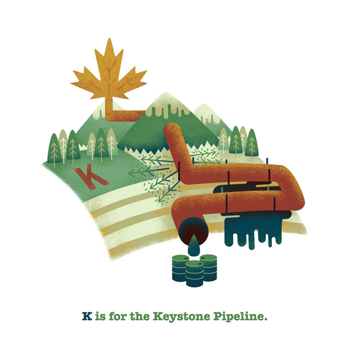 K is for the Keystone Pipeline. "The Keystone Pipline is an oil pipeline system stretching from Canada to refineries in the U.S. and sparks controversy due to crossing through environmentally sensitive regions."