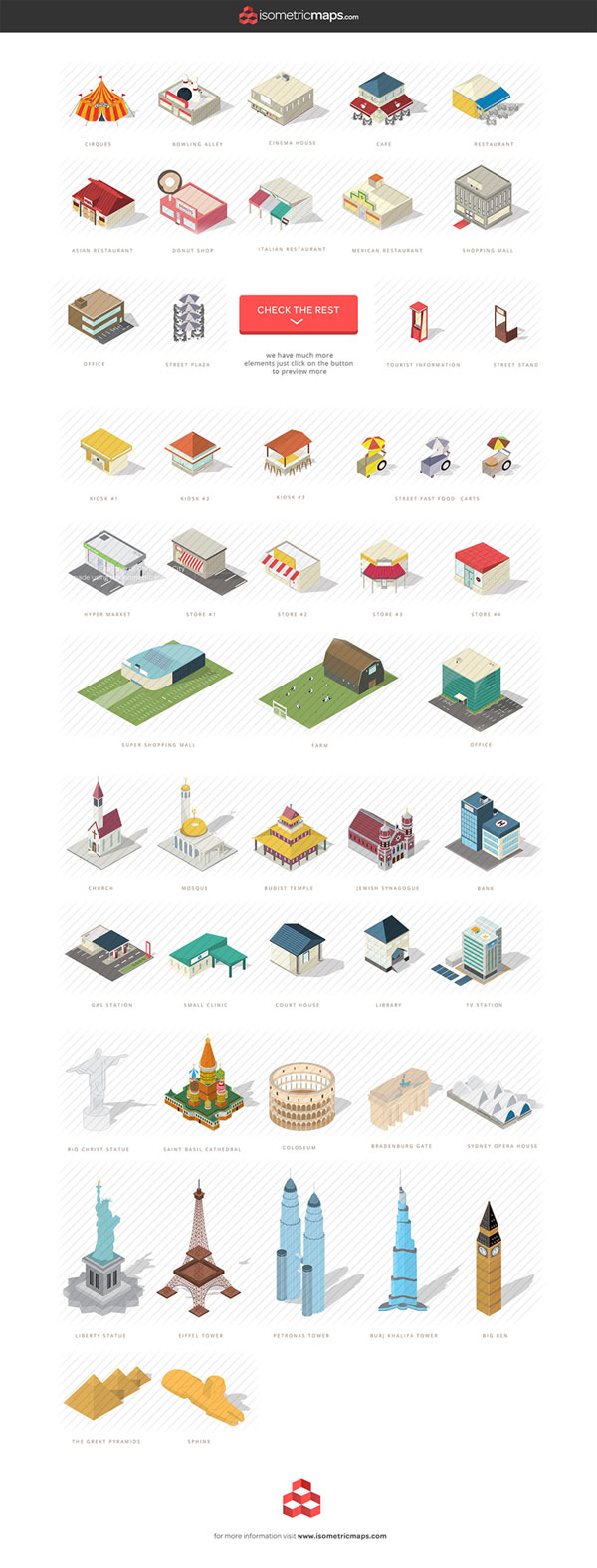 Over 250 unique isometric city map elements.