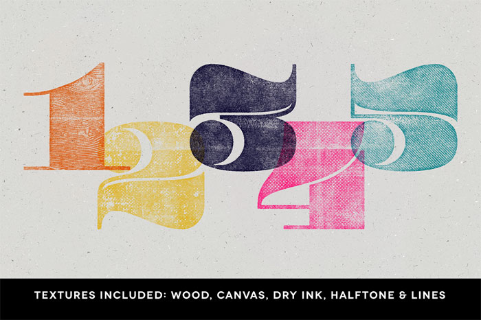 The textures include differents effects and styles such as wood, canvas, dry ink, halftone, and ink.