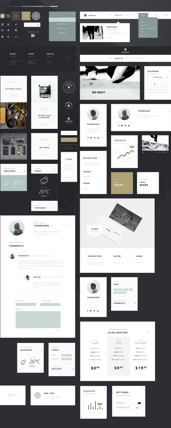 Numerous web graphics and elements, everything is based on a simple and minimalist style.