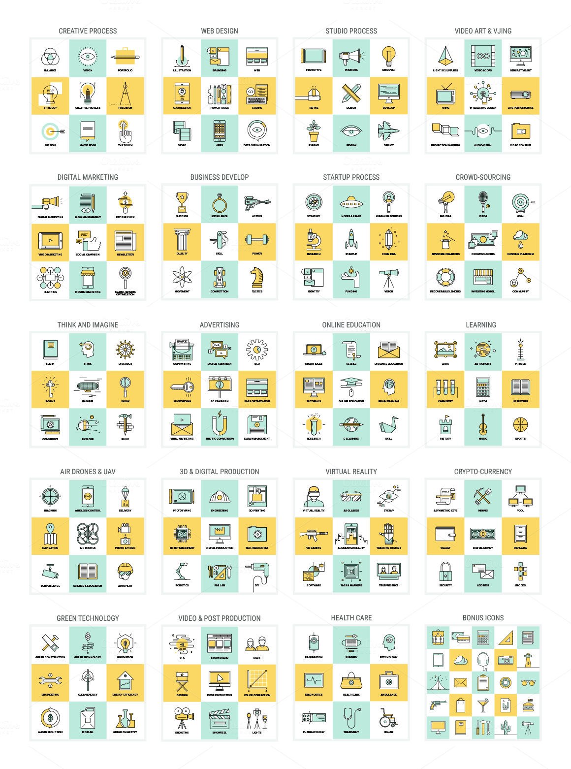 A huge download package of flat line illustrations, graphics and icons from different topics.