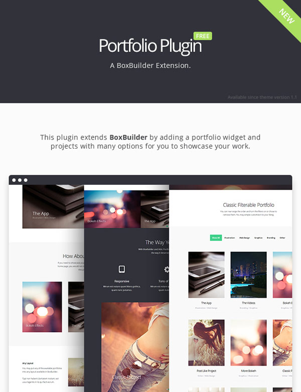 A unique Portfolio plugin that extends BoxBuilder by adding a portfolio widget and projects with numerous options.