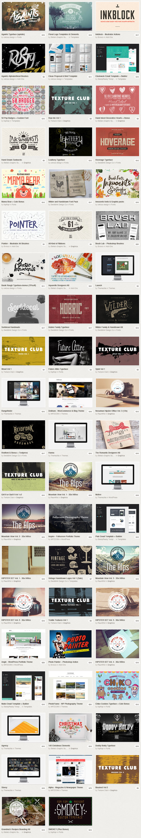 February 2015 - Big Bundle - Limited time offer: 62 products worth $1,205 for only $39. A huge set of typefaces, logos, badges, graphics, brushes, mock-ups, templates for print and websites.