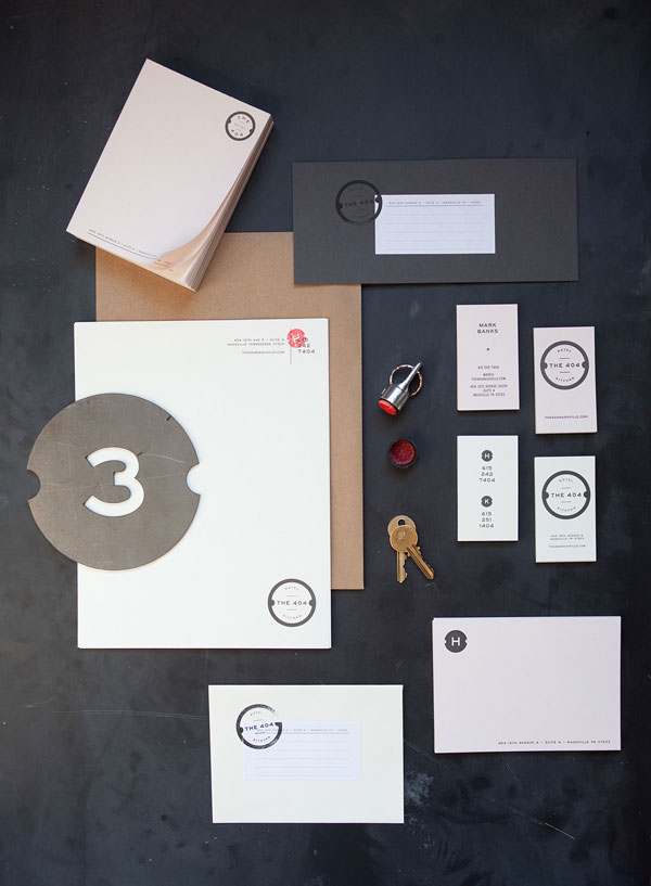 The 404 Hotel & Kitchen corporate identity design by Benji Peck, a Nashville based graphic designer.