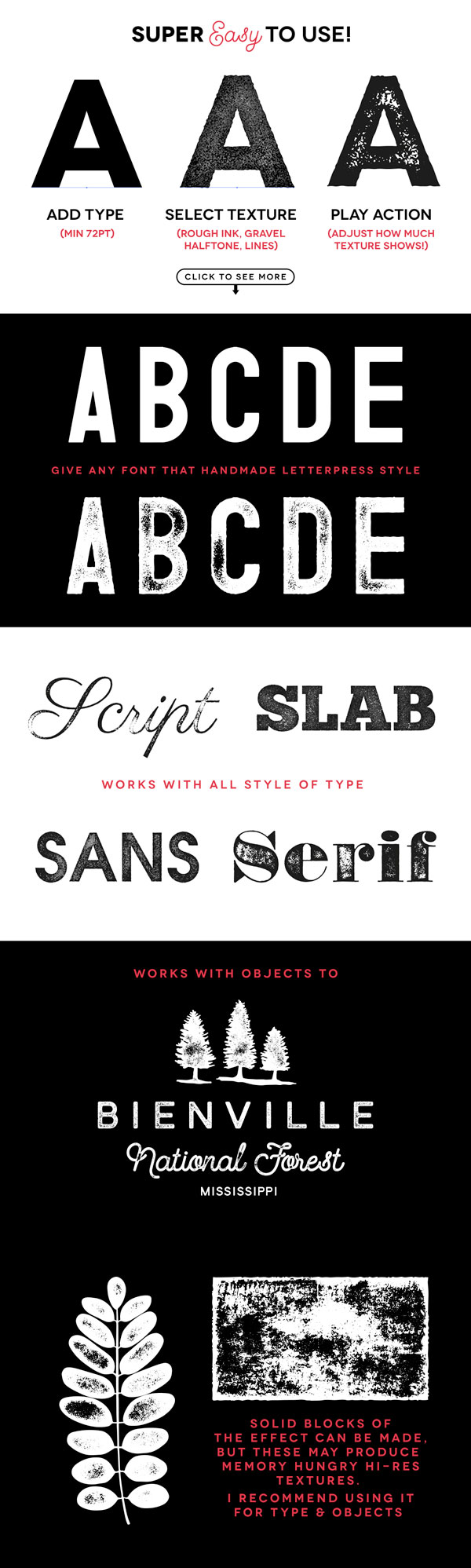 Super easy to use - add a font, select a texture (Rough Ink, Gravel, halftone, Lines), and adjust the intensity of the effect.