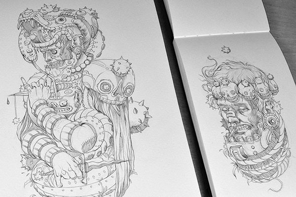 Hand drawn sketches inspired by the sculptural art of Greece and Mexico.