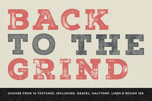 Choose from 16 textures including gravel, halftone, lines, and rough ink.