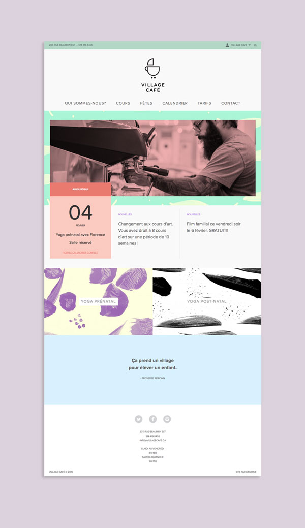 Website design by Studio Caserne for Village Café, a kid-friendly coffee shop in Montreal, Canada.