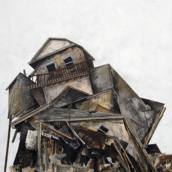 Collapse XII - Artwork in the size 36" x 36" - Collage created with charcoal, pastel, acrylic, and graphite on wood.