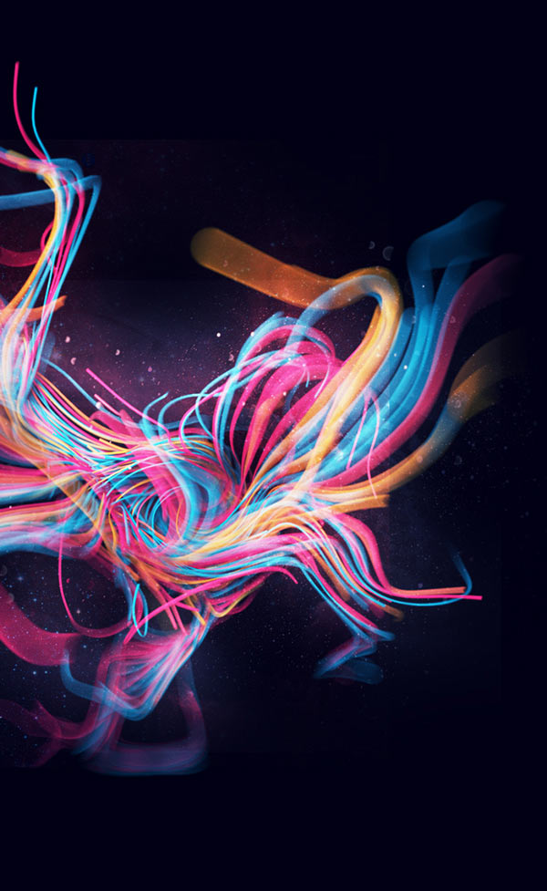 Colorful shapes on dark background.