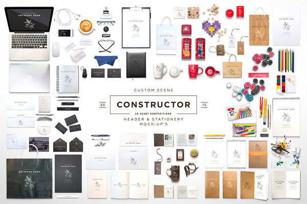 Custom Scene Constructor, an extended product mockup from itembridge creative store. This is a header and stationery mock-up.