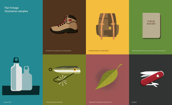Flat vintage illustration samples created by Matt Stevens for Pinterest.