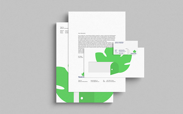 The stationery set of the Taak Inc. brand identity. The stationery set of the Taak Inc. brand identity.