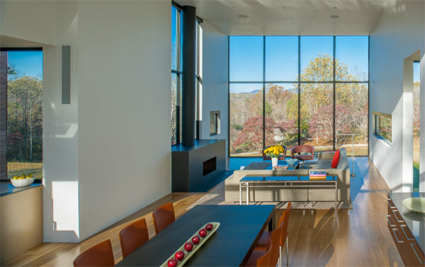 View from the dining area to the living space. View from the dining area to the living space.