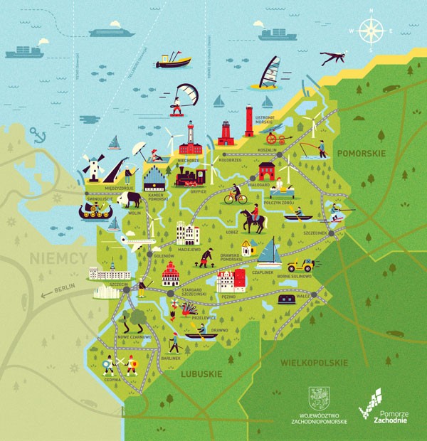 Map of West Pomeranian province with attractions and possible activities.