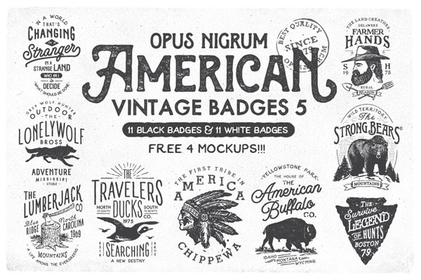 The American Vintage Badges no 5 include 11 black badges and 11 white badges as well as 4 free mockups.