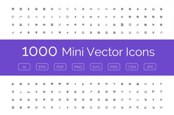 1000 Mini Vector Icons - including AI, EPS, PDF PNG SVG, PSD, CSH, JPG.